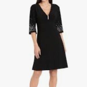 Black V-Neck Fit and Flare Dress with Rhinestone
Pearl Sleeve Detail, NWT
